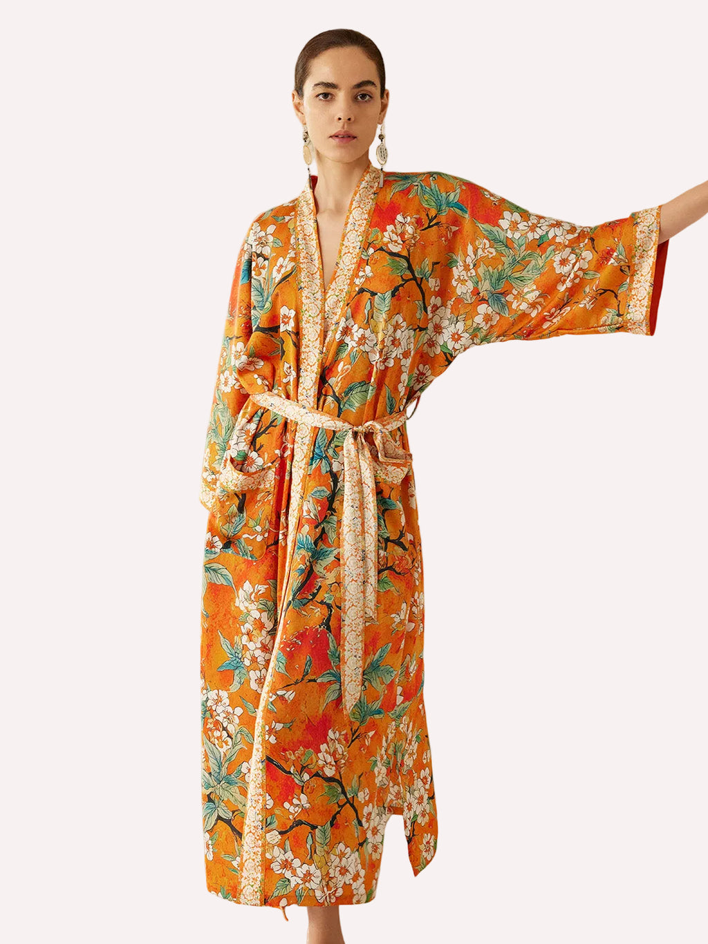 Vintage Orange Enamel Camellia Floral Kimono Robe with Pockets
