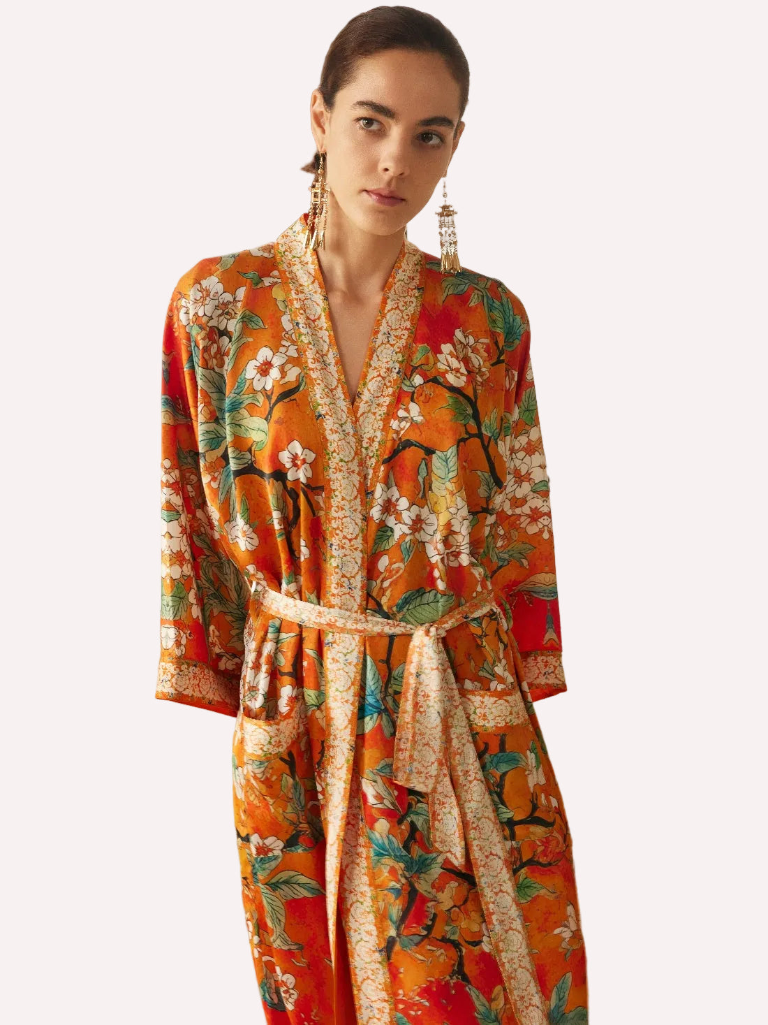 Vintage Orange Enamel Camellia Floral Kimono Robe with Pockets