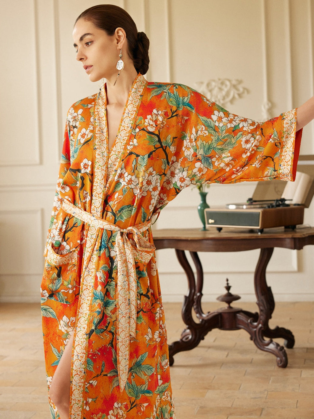 Vintage Orange Enamel Camellia Floral Kimono Robe with Pockets