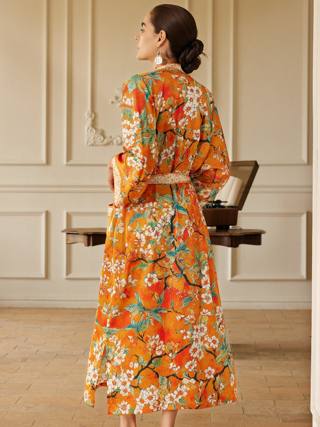 Vintage Orange Enamel Camellia Floral Kimono Robe with Pockets