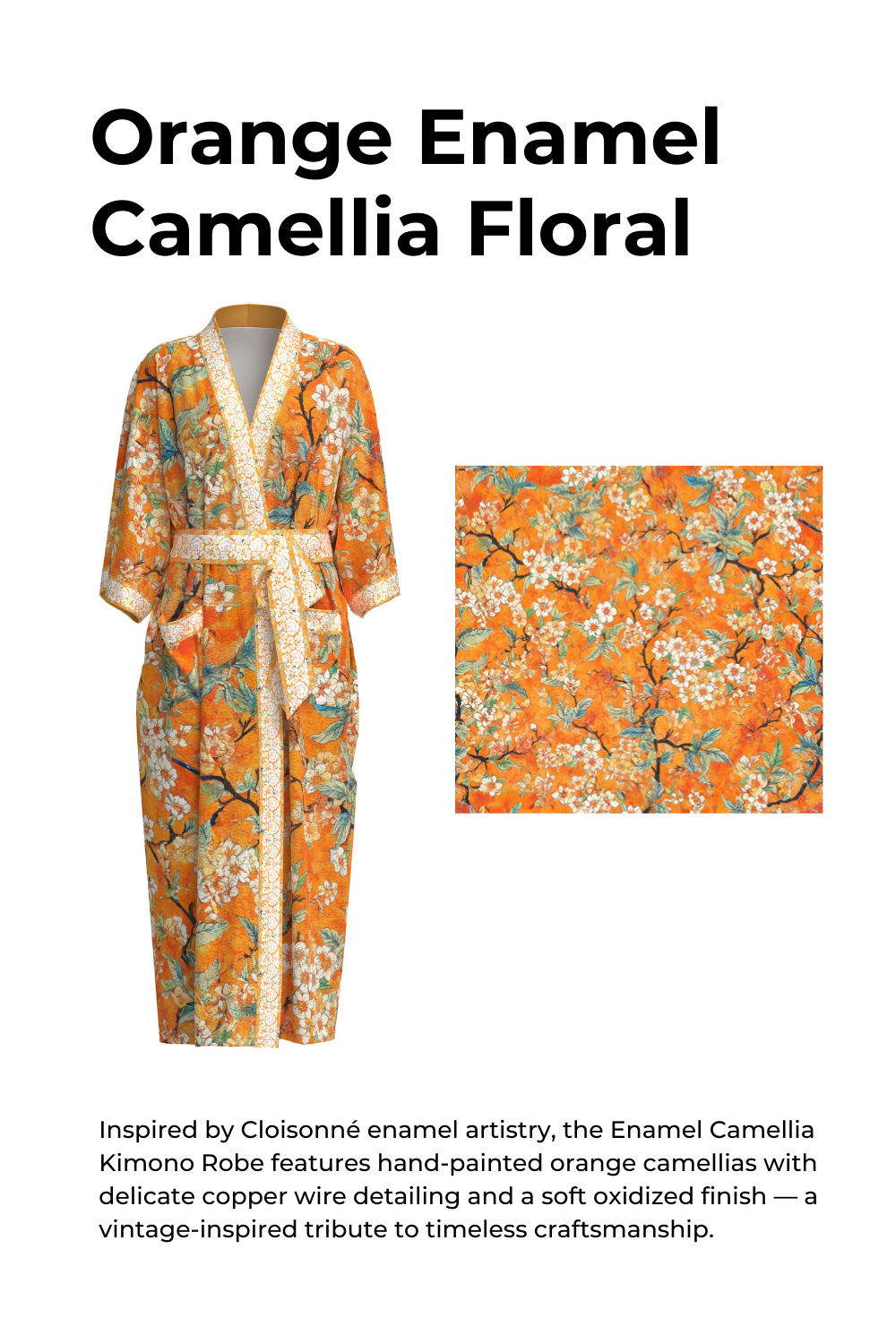 Vintage Orange Enamel Camellia Floral Kimono Robe with Pockets