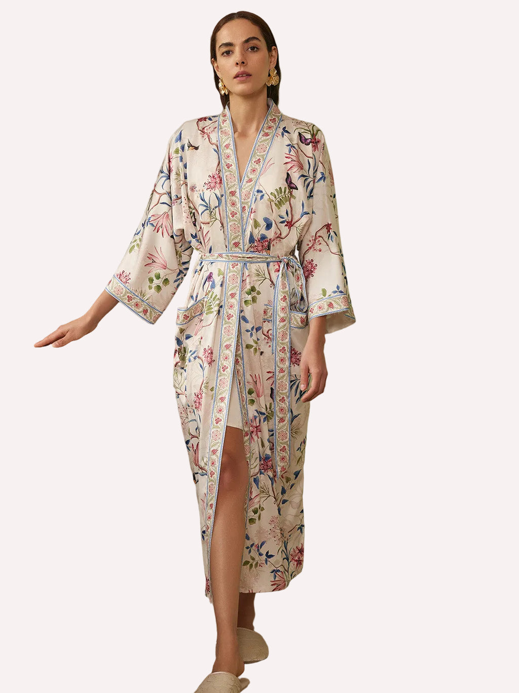 Beige Chinoiserie Floral Long Kimono Robe with Pockets