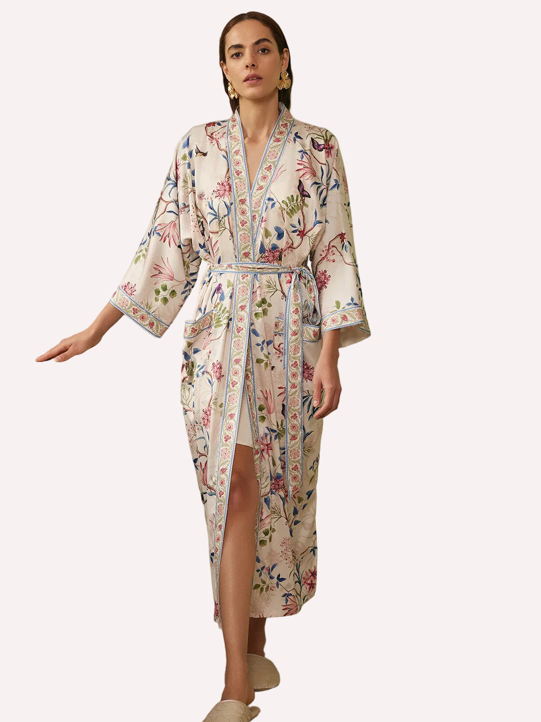 Beige Chinoiserie Floral Long Kimono Robe with Pockets