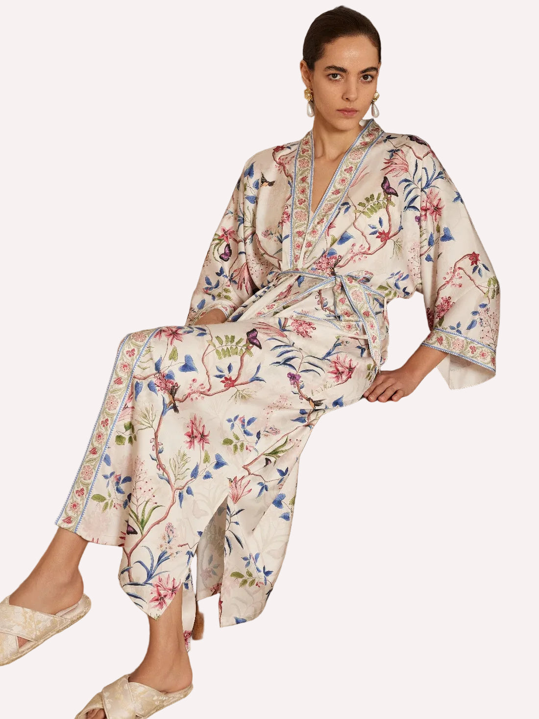 Beige Chinoiserie Floral Long Kimono Robe with Pockets
