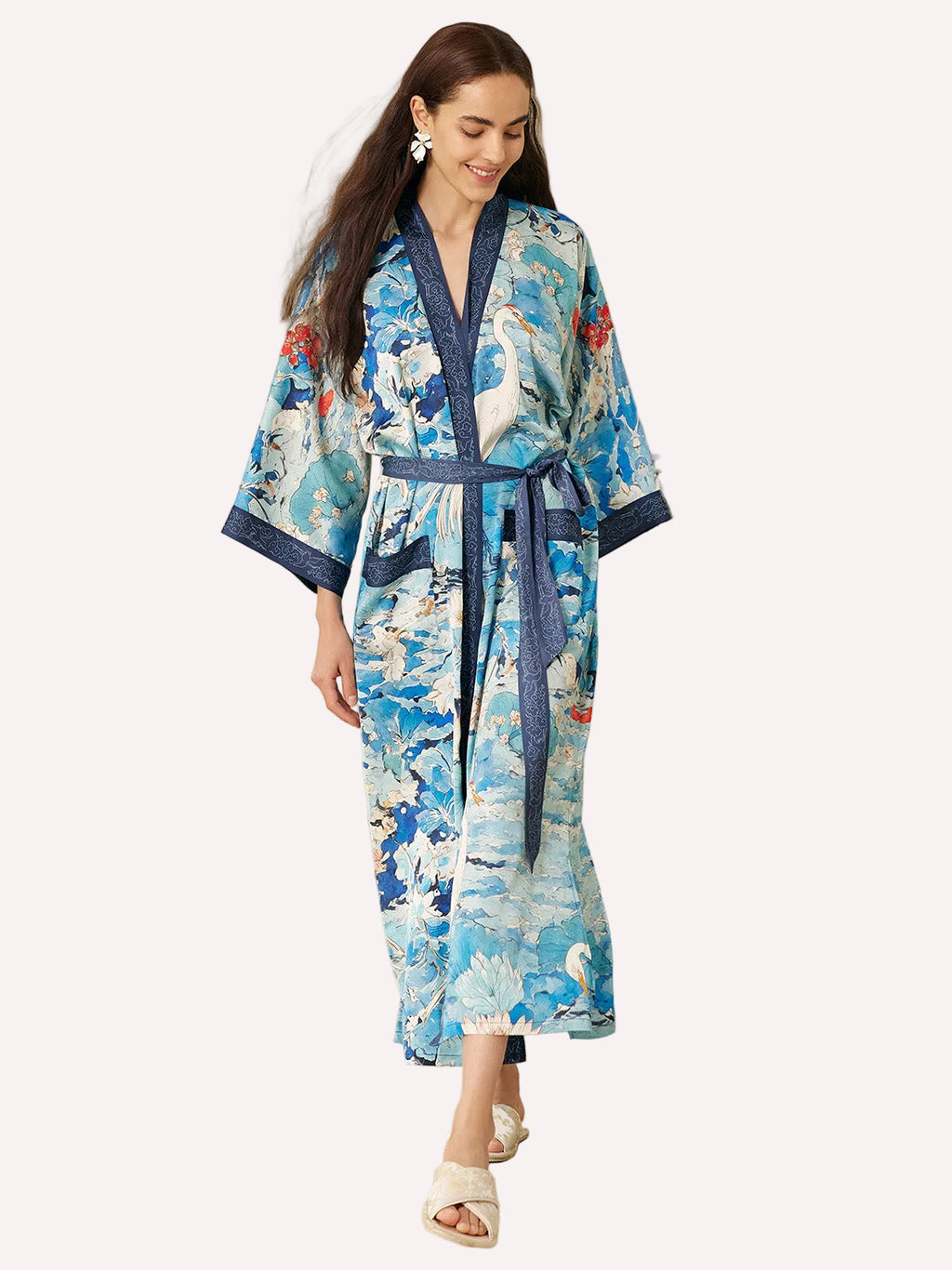 Graceful Lotus & Crane Kimono Robe with Pockets