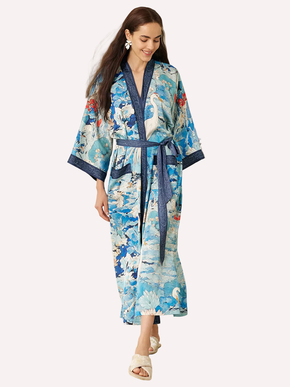 Graceful Lotus & Crane Kimono Robe with Pockets