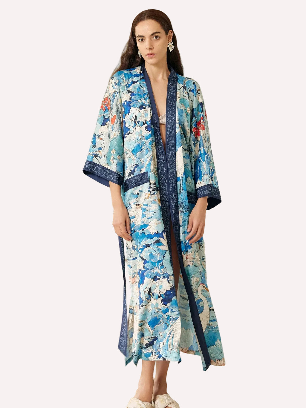 Graceful Lotus & Crane Kimono Robe with Pockets