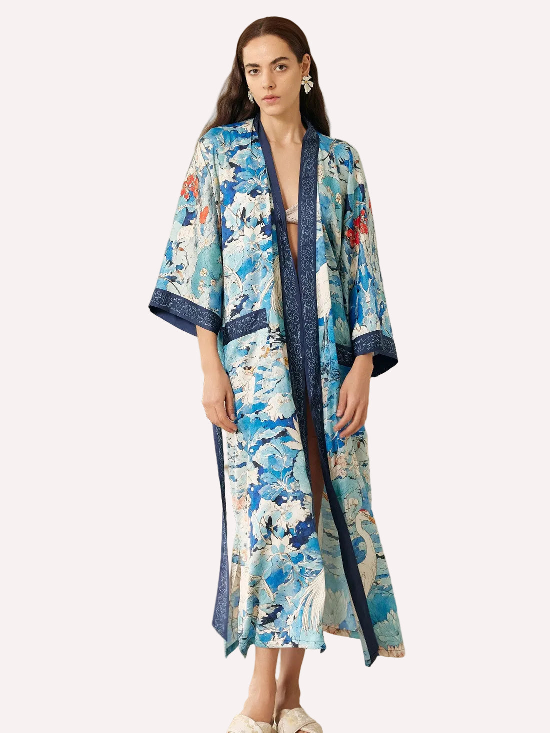 Graceful Lotus & Crane Kimono Robe with Pockets