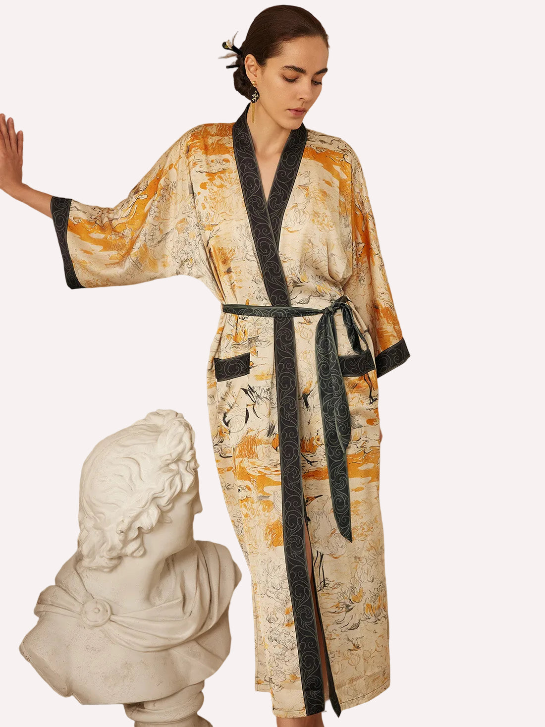 Elegant Yellow Crane & Lotus Kimono Robe with Pockets
