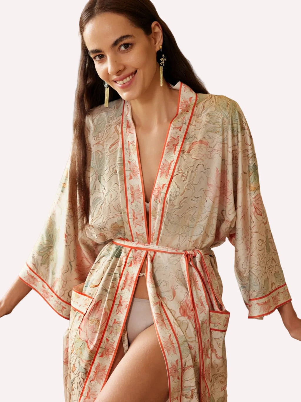 Dunhuang Celestial Herb Long Kimono Robe with Pocket