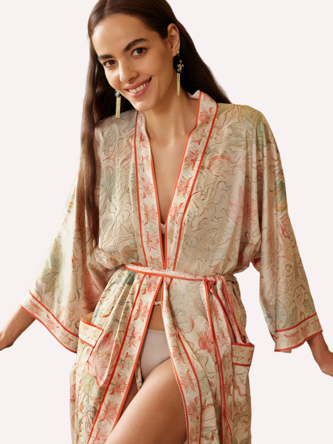 Dunhuang Celestial Herb Long Kimono Robe with Pocket