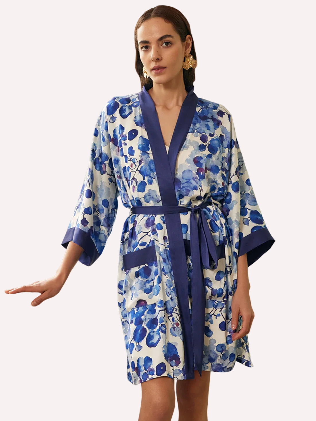 Nordic Berry Short Kimono Robe with Pockets