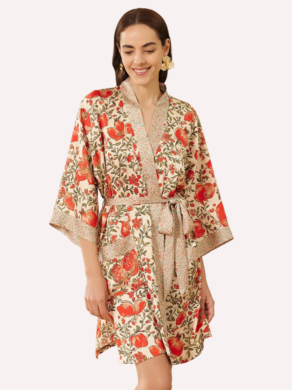 Pomegranate Garden Short  Robe with Pockets