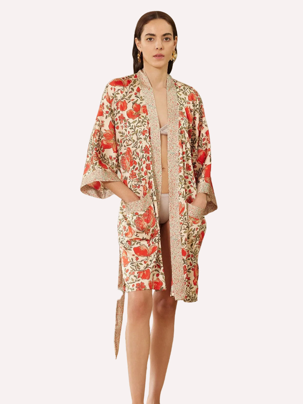 Pomegranate Garden Short  Robe with Pockets