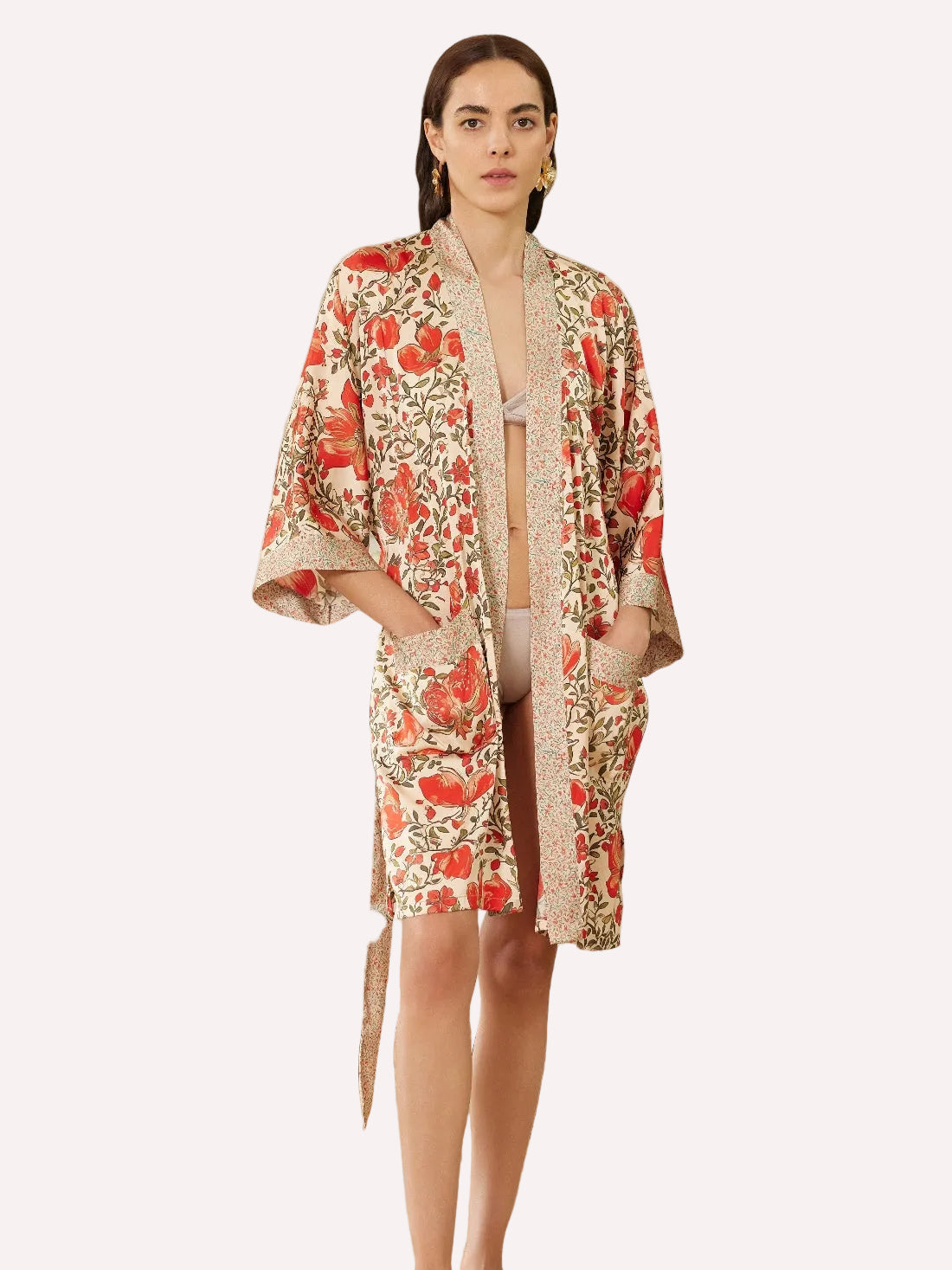 Pomegranate Garden Short  Robe with Pockets