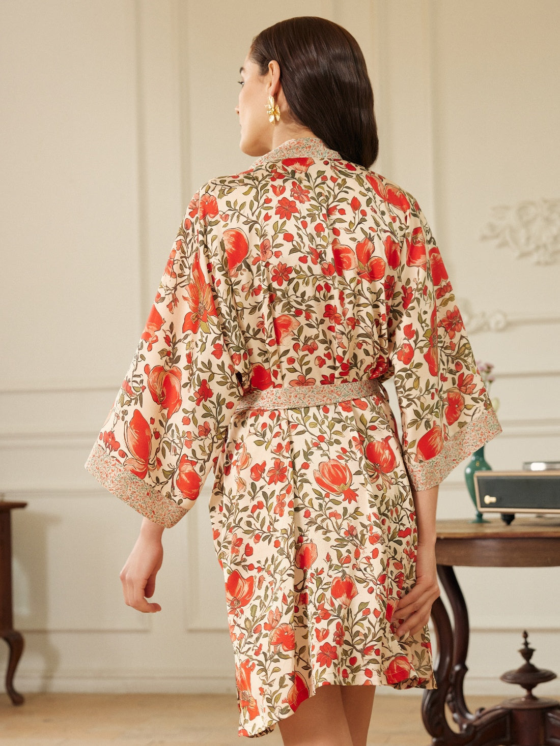 Pomegranate Garden Short  Robe with Pockets