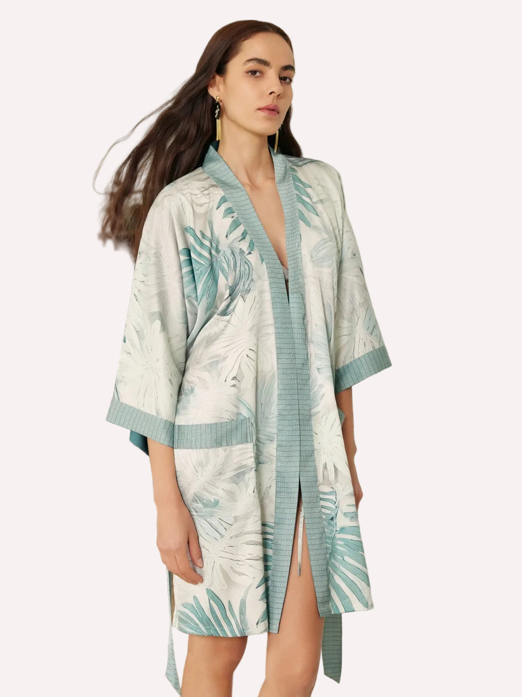 Tropical Palm Leaf Short Robe with Pockets