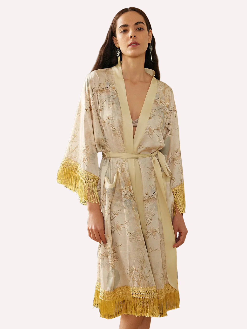 Gold Eastern Floral Vase Kimono Robe with Pockets