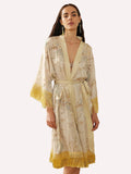 Gold Eastern Floral Vase Kimono Robe with Pockets