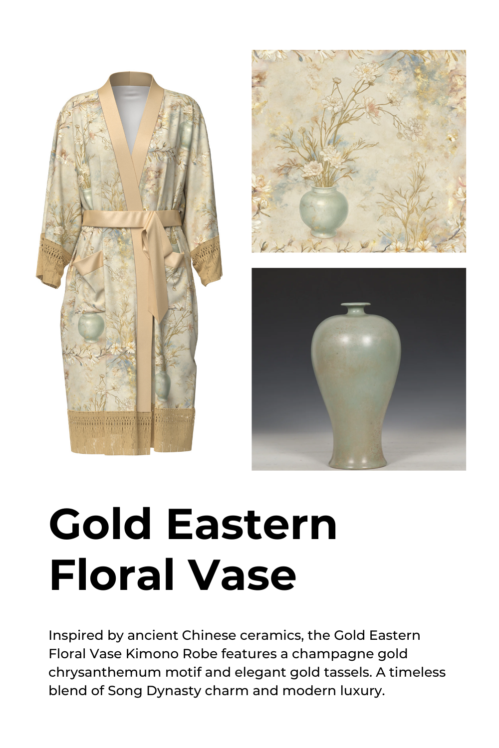 Gold Eastern Floral Vase Kimono Robe with Pockets