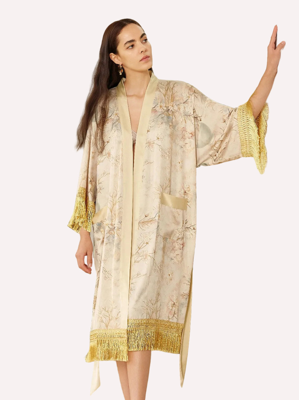 Gold Eastern Floral Vase Kimono Robe with Pockets