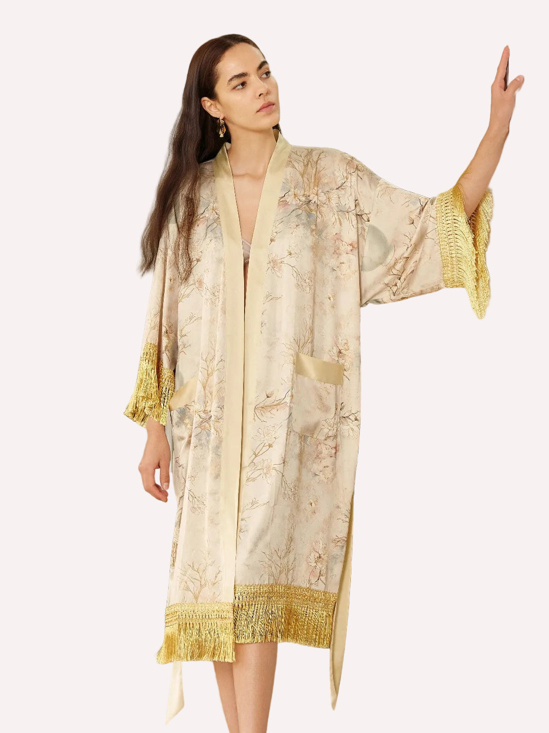 Gold Eastern Floral Vase Kimono Robe with Pockets
