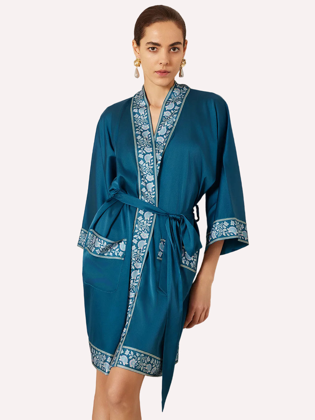 Dark Blue Embellished Flower Short Robe with Pockets