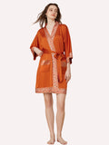 Luxuriously Orange Embellished Flower Short Robe with Pockets