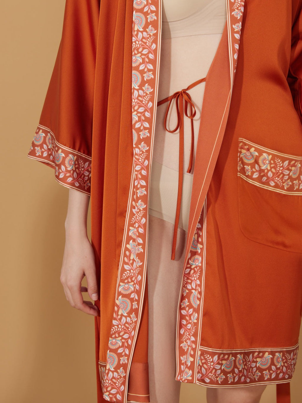 Luxuriously Orange Embellished Flower Short Robe with Pockets