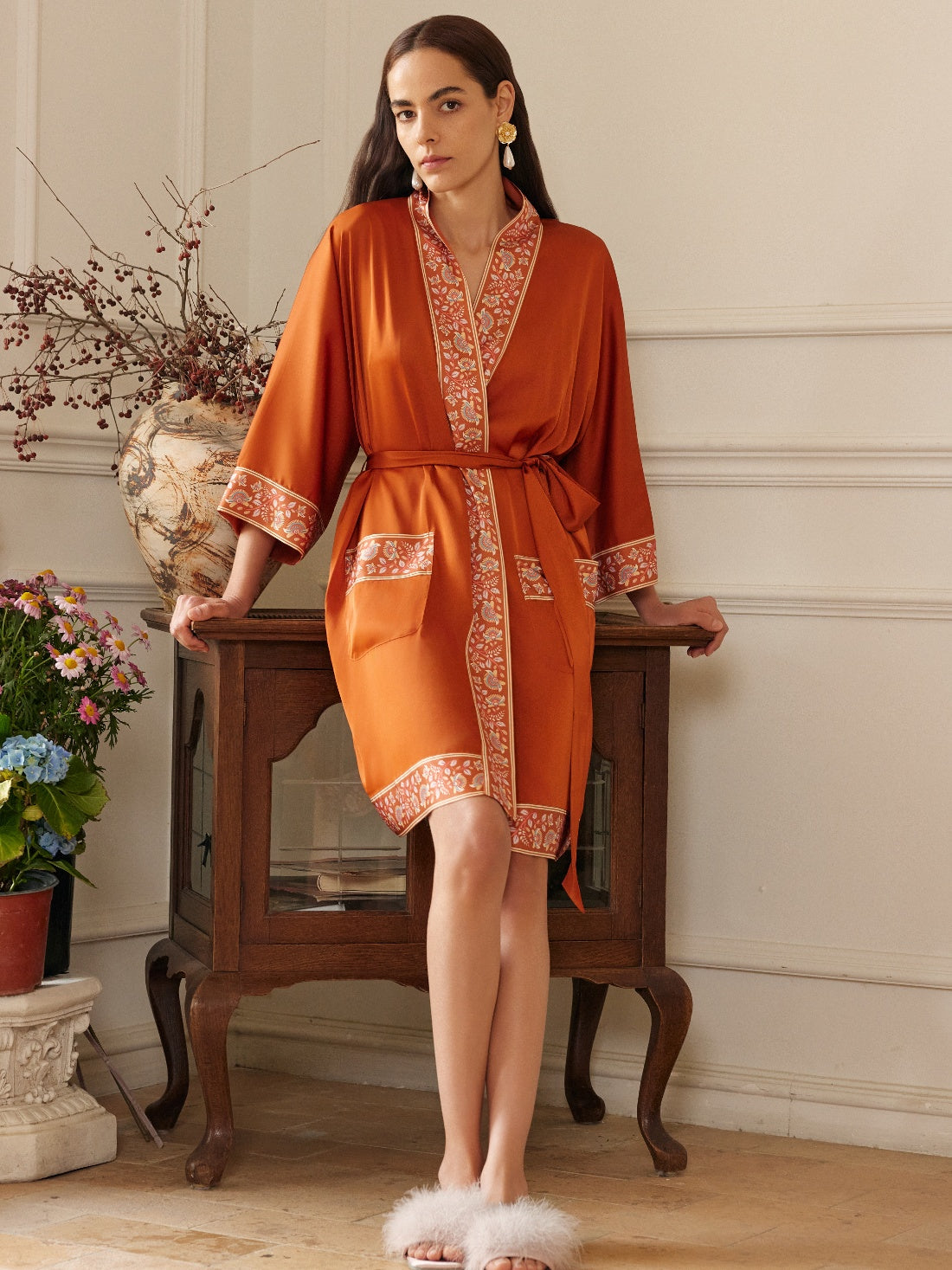 Luxuriously Orange Embellished Flower Short Robe with Pockets
