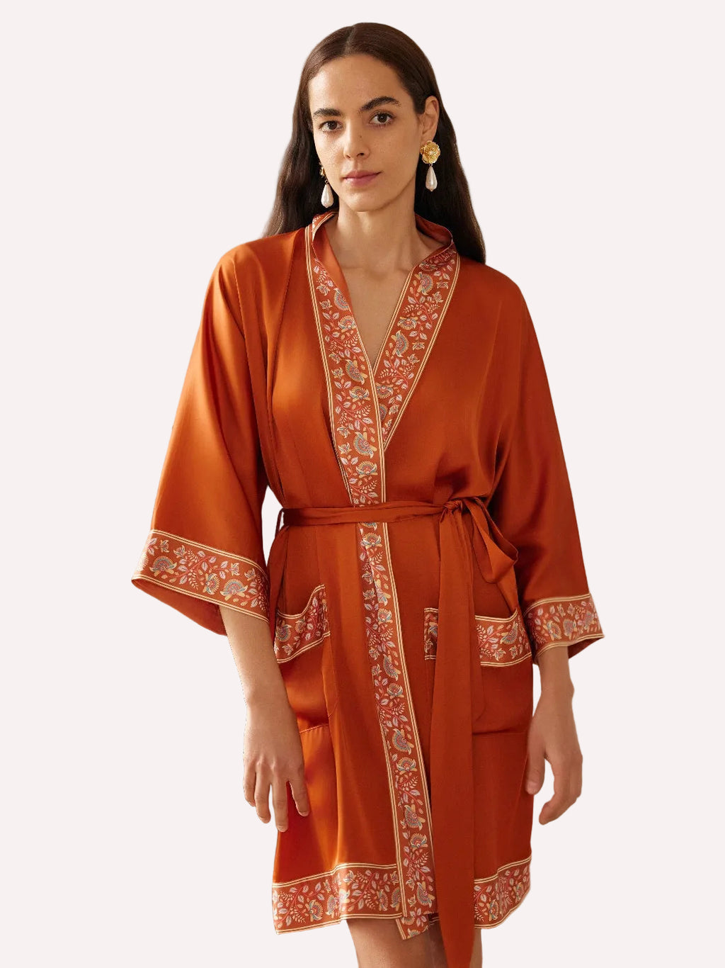 Luxuriously Orange Embellished Flower Short Robe with Pockets