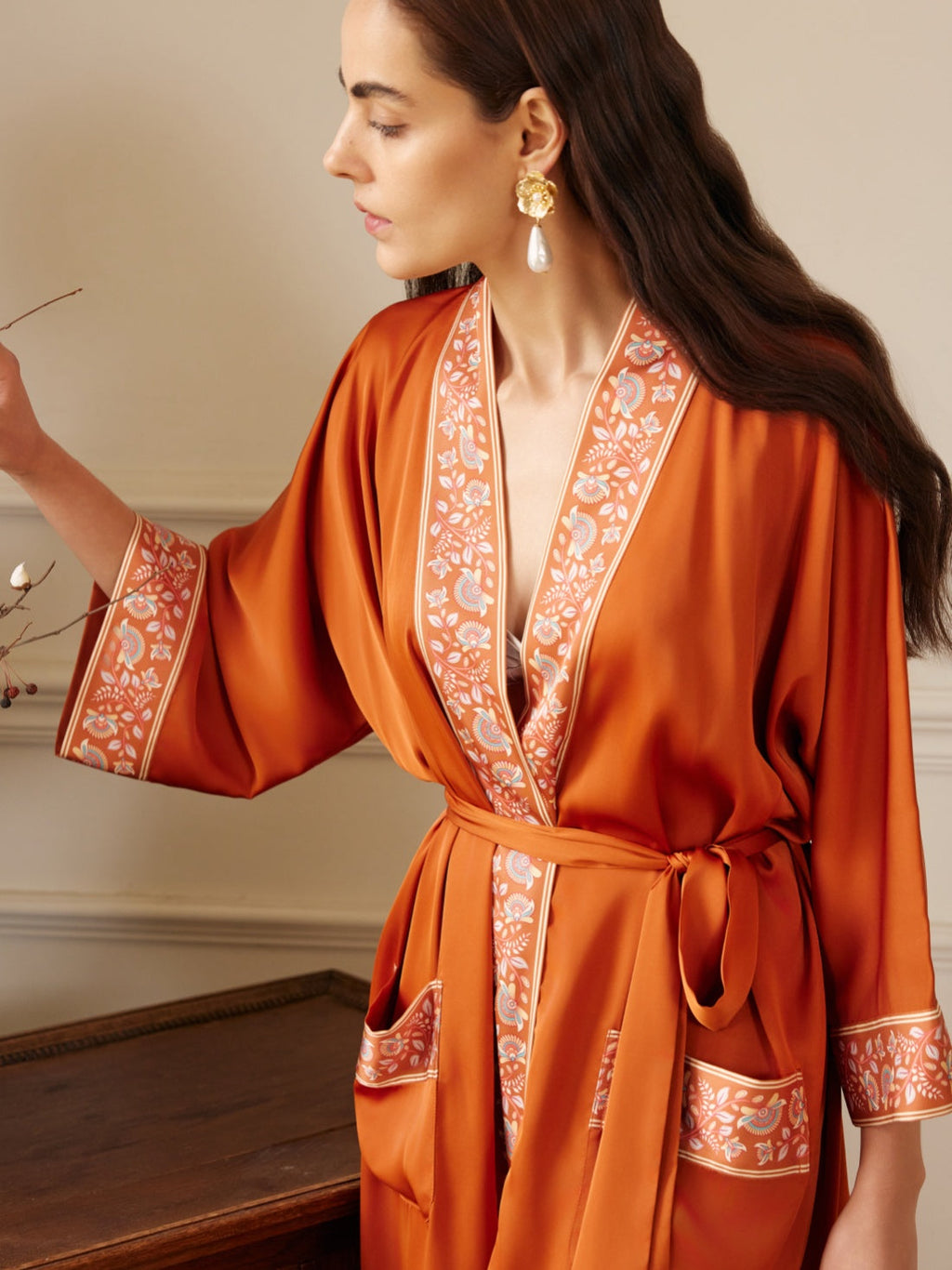Luxuriously Orange Embellished Flower Short Robe with Pockets