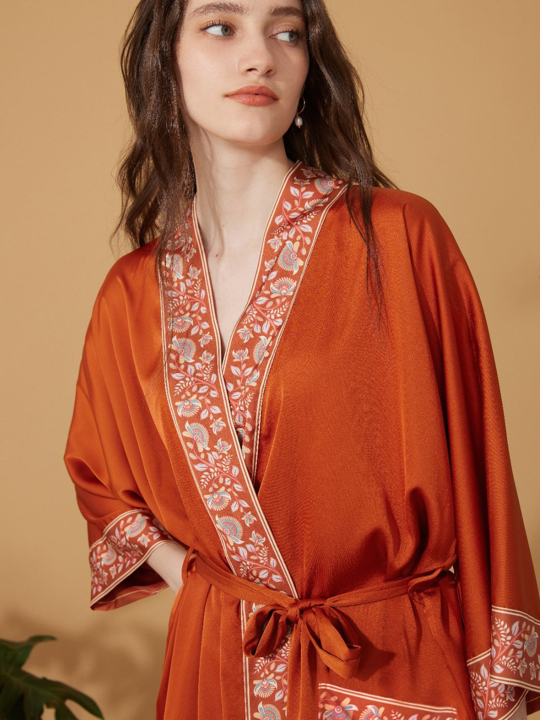 Luxuriously Orange Embellished Flower Short Robe with Pockets