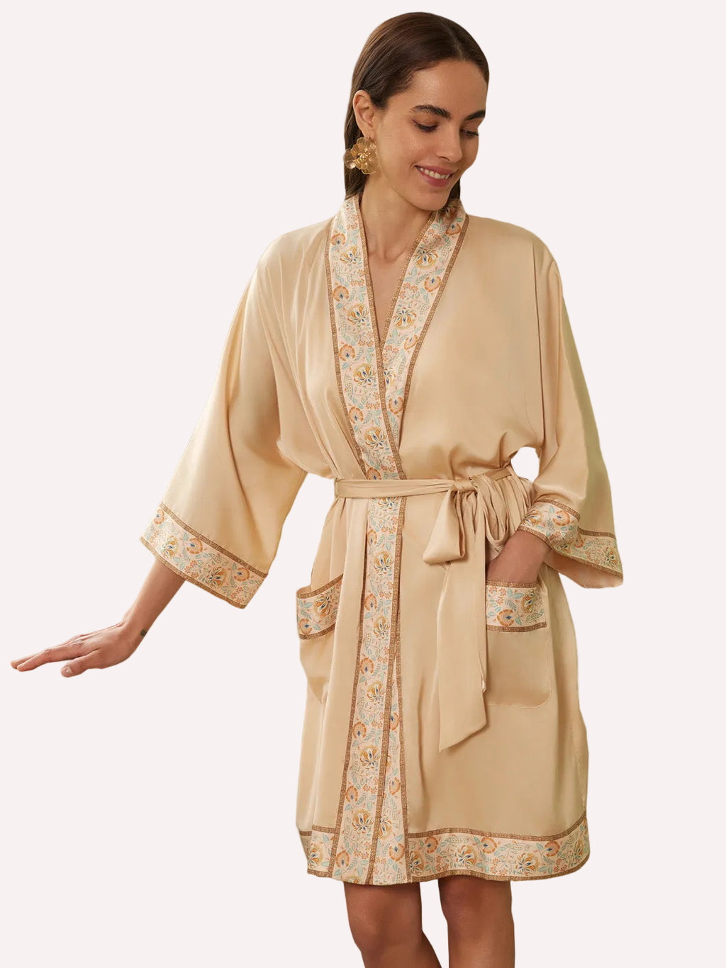 Champagne Gold Embellished Flower Short Robe with Pockets