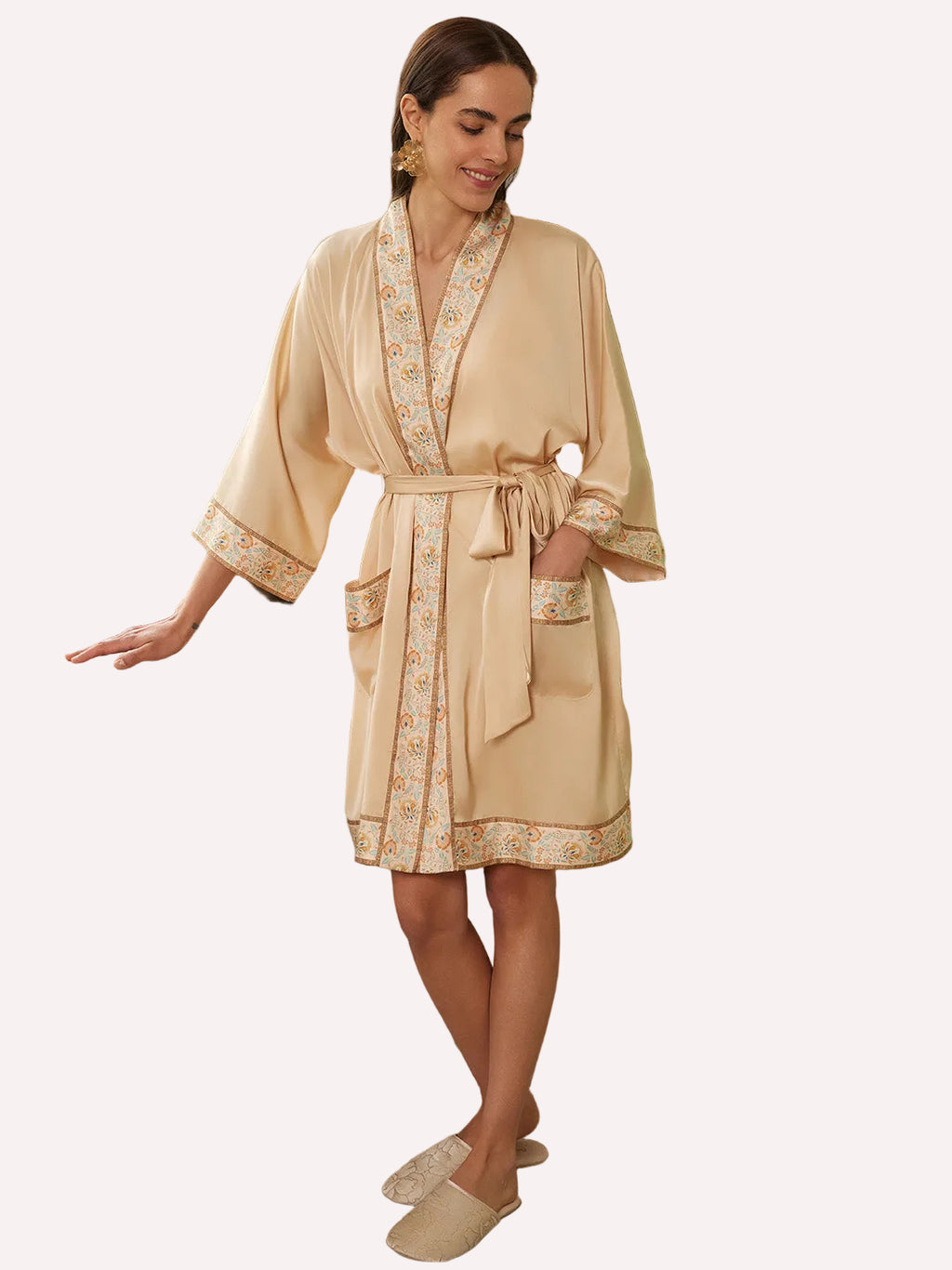 Champagne Gold Embellished Flower Short Robe with Pockets