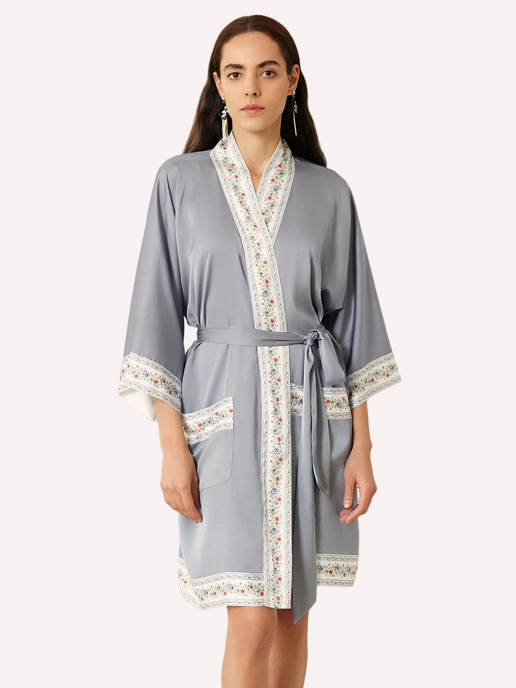 Light Blue Embellished Flower Short Robe with Pockets