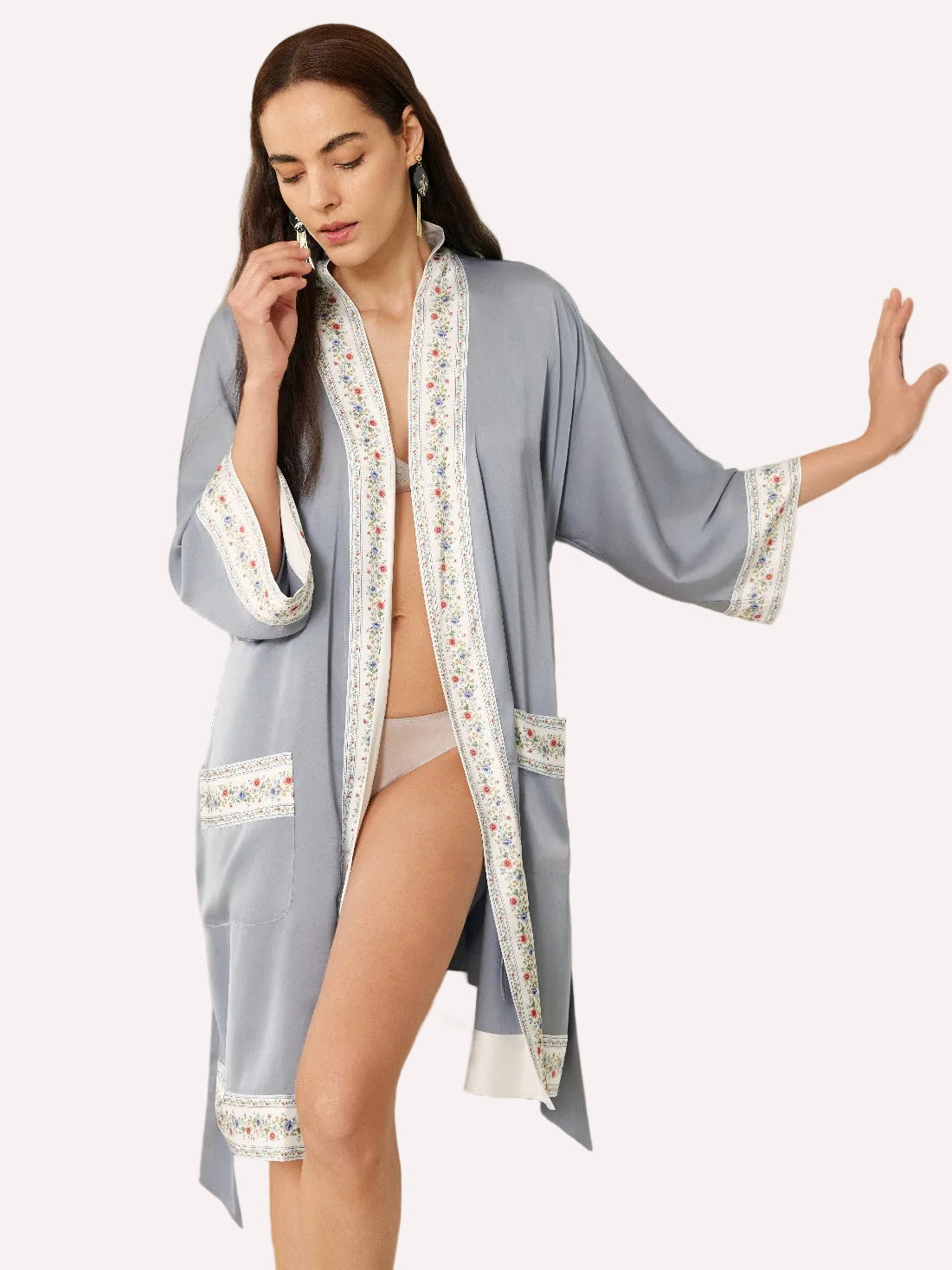 Light Blue Embellished Flower Short Robe with Pockets