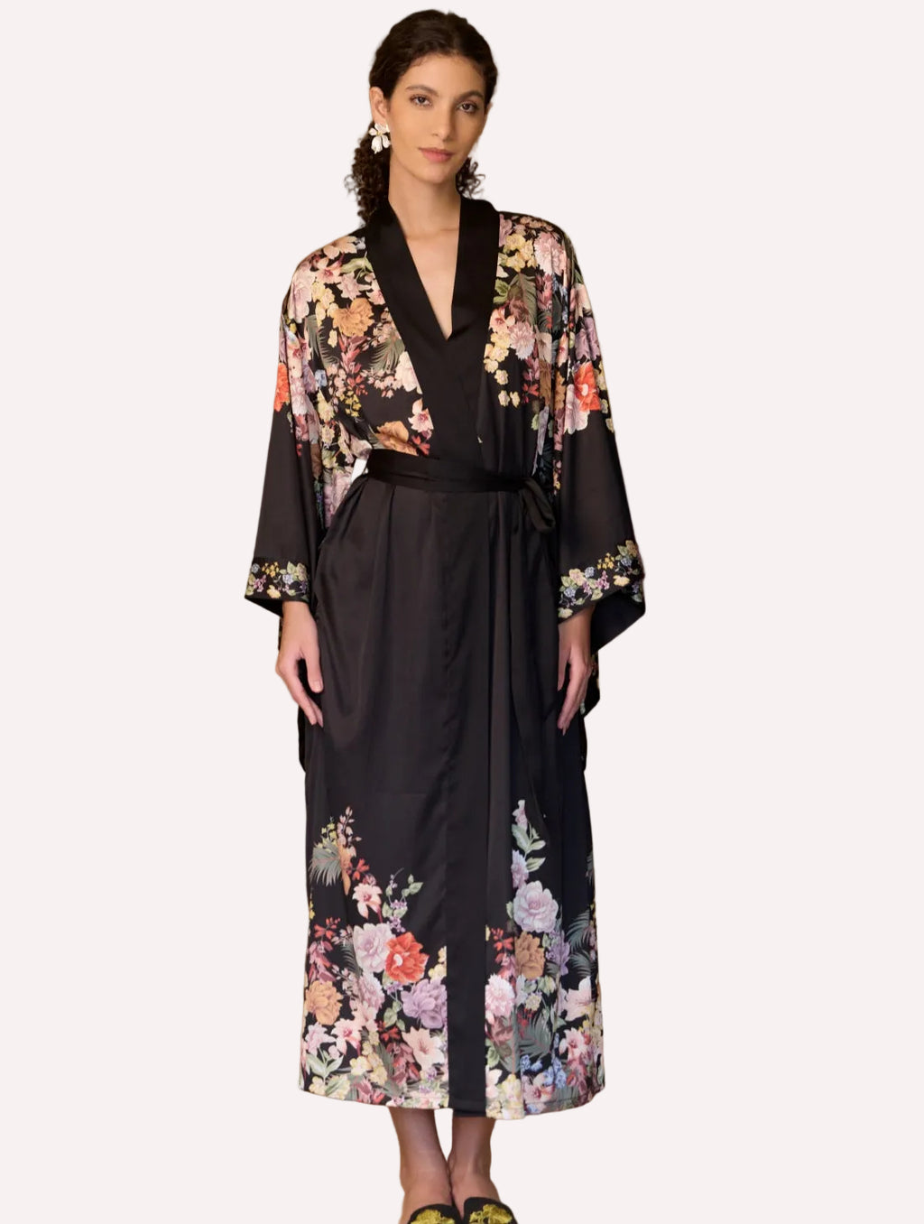 Black Floral Cluster Kimono Robe