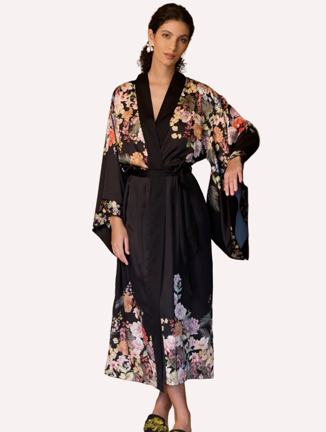 Black Floral Cluster Kimono Robe