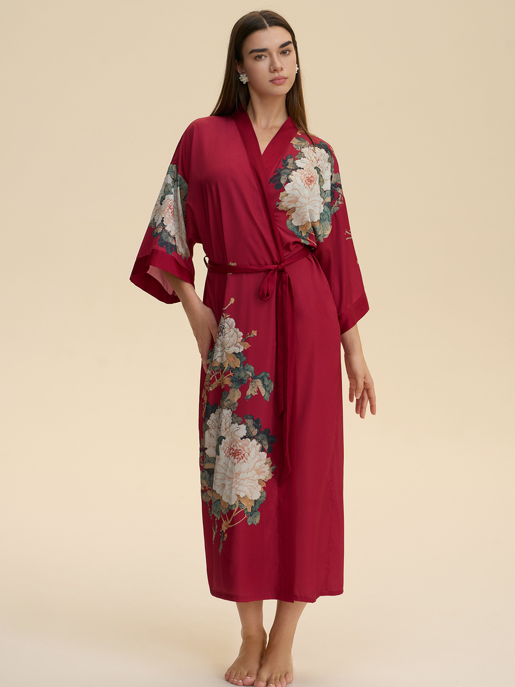 Crimson Floral Bloom Kimono Robe