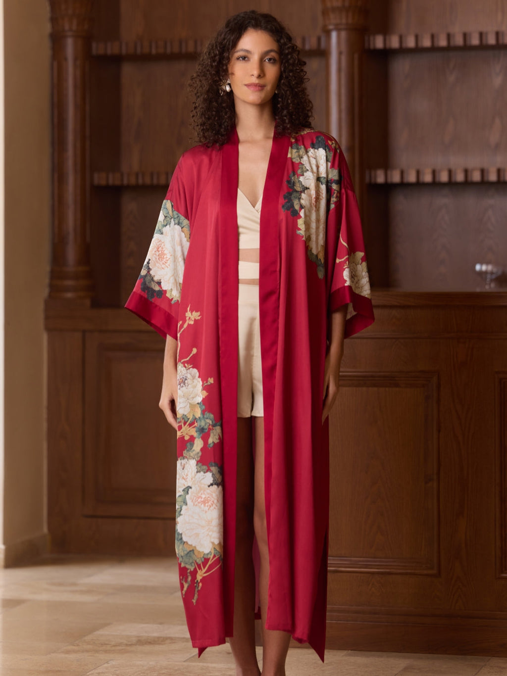 Crimson Floral Bloom Kimono Robe