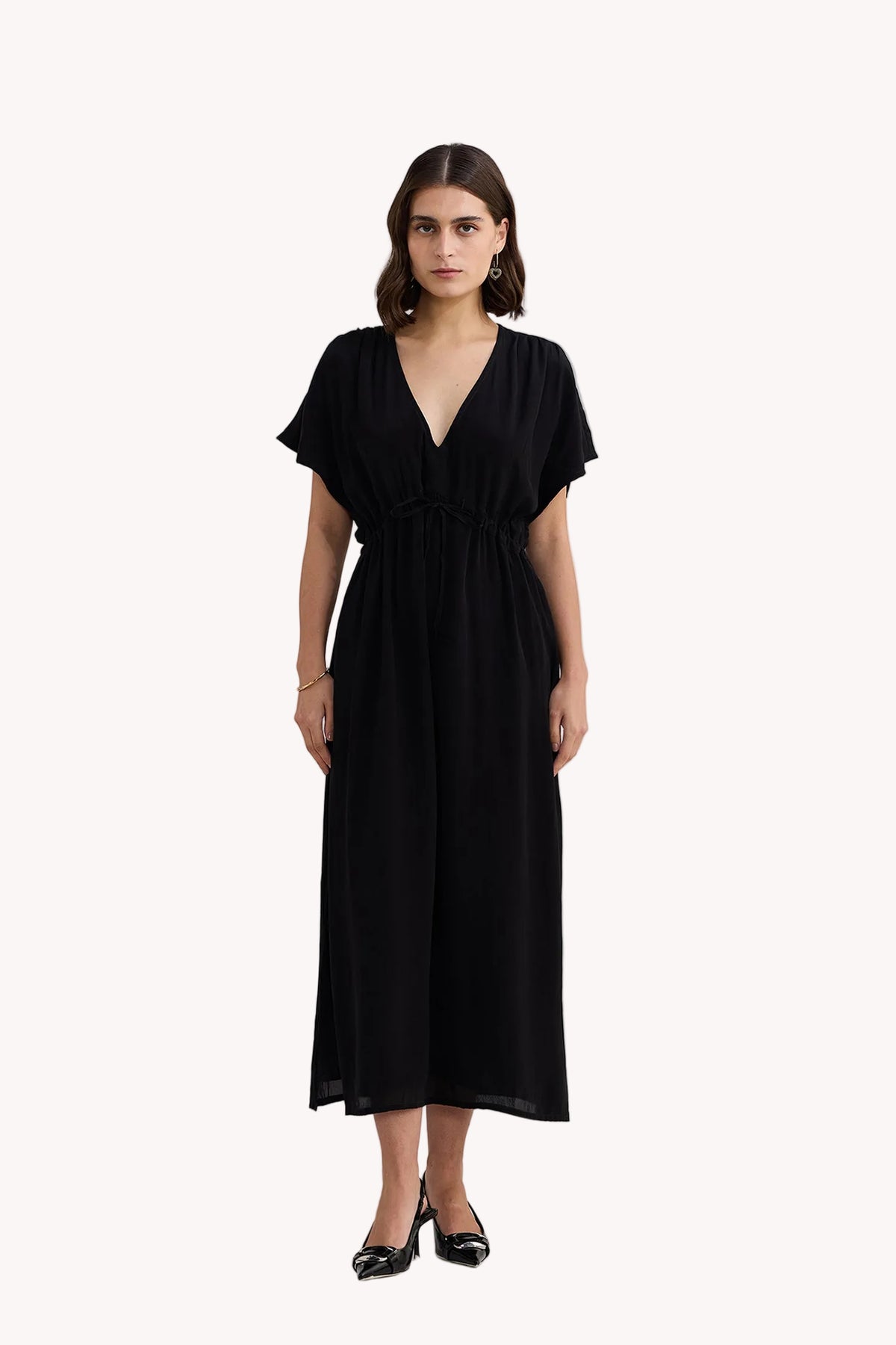 Oversized Gathered V-neck Maxi Dress in Black