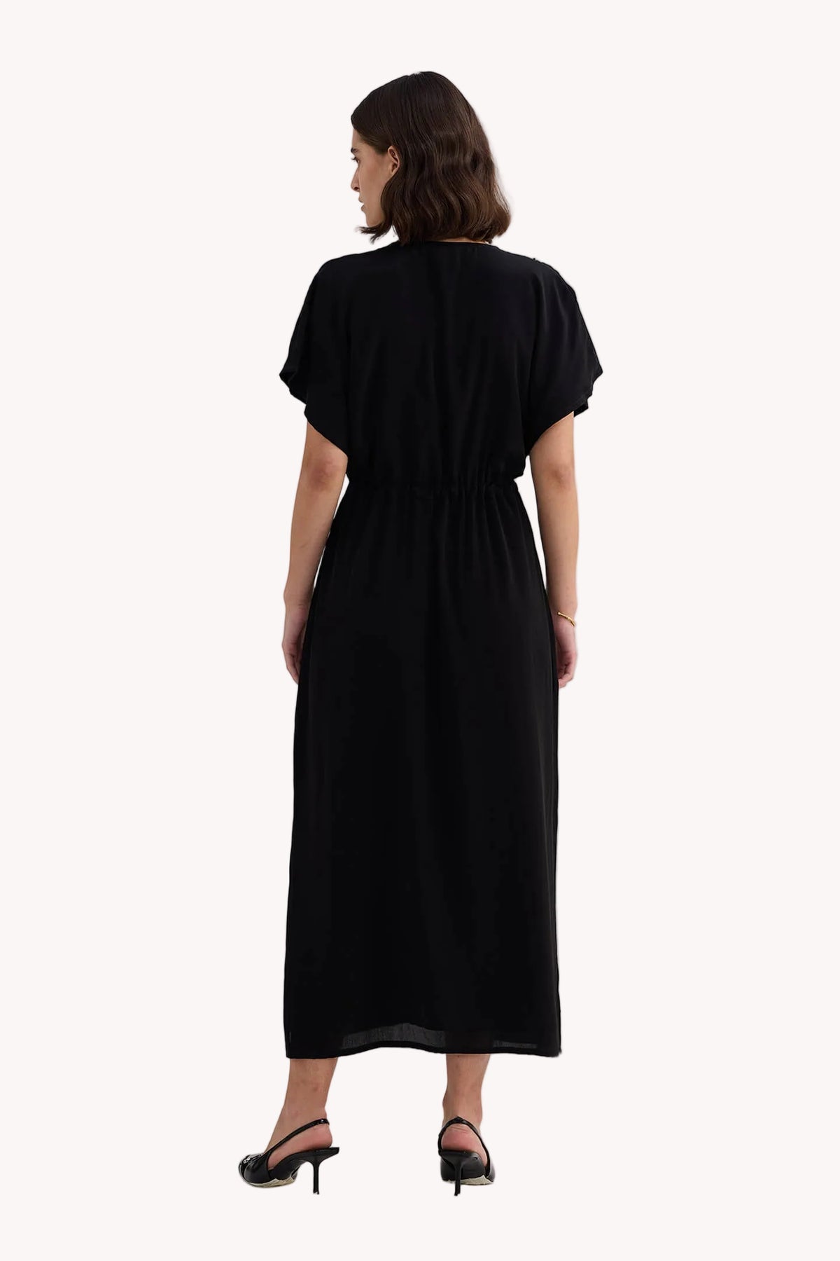 Oversized Gathered V-neck Maxi Dress in Black
