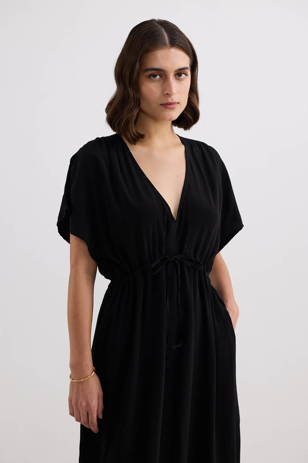 Oversized Gathered V-neck Maxi Dress in Black