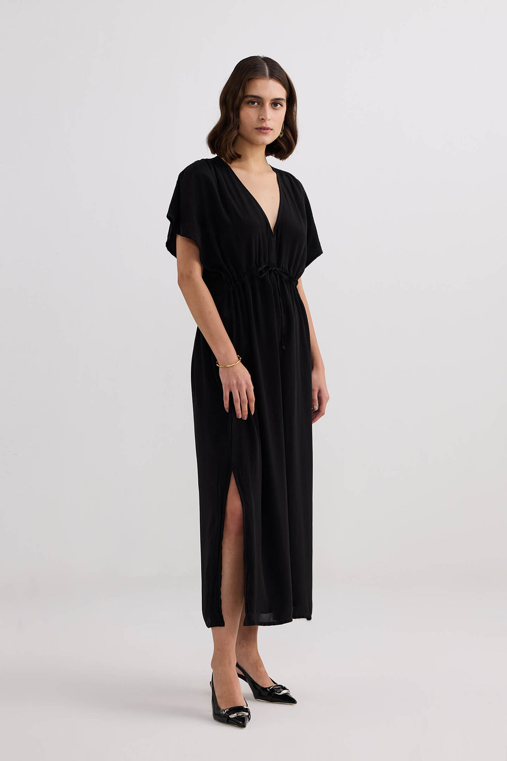 Oversized Gathered V-neck Maxi Dress in Black