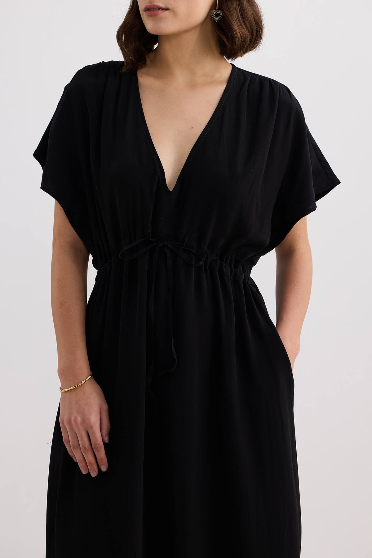 Oversized Gathered V-neck Maxi Dress in Black