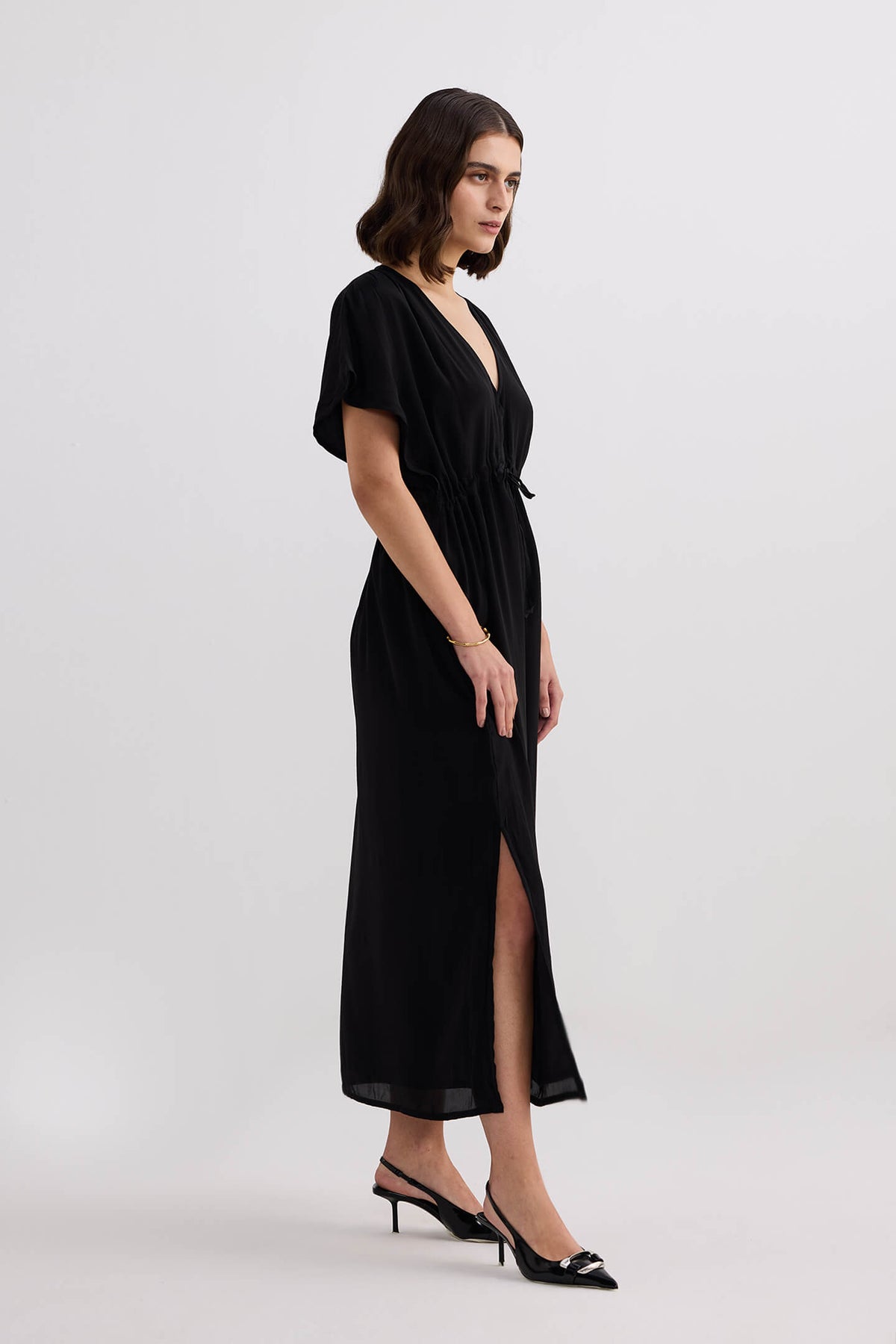 Oversized Gathered V-neck Maxi Dress in Black