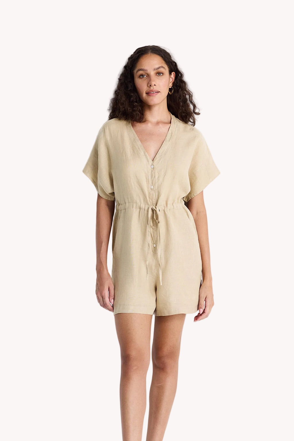 V neck Drawstring Romper in Neutral Beige