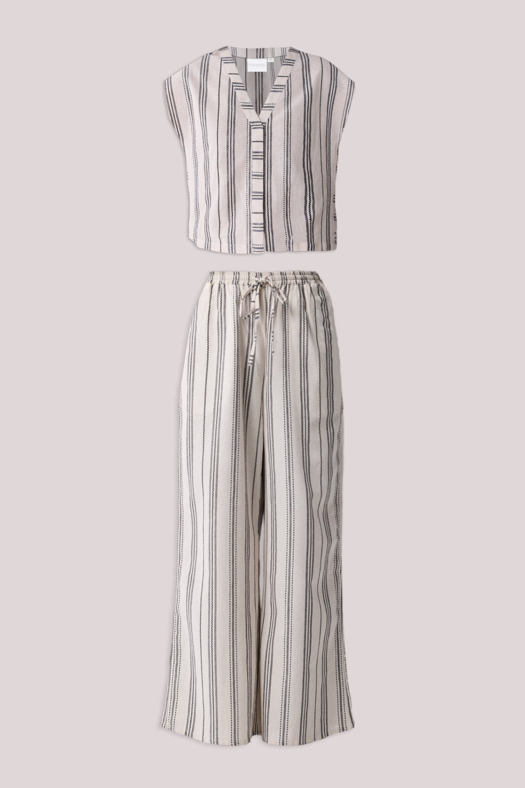 Striped Matching Set with Wide-Leg Pants and V-neck Top