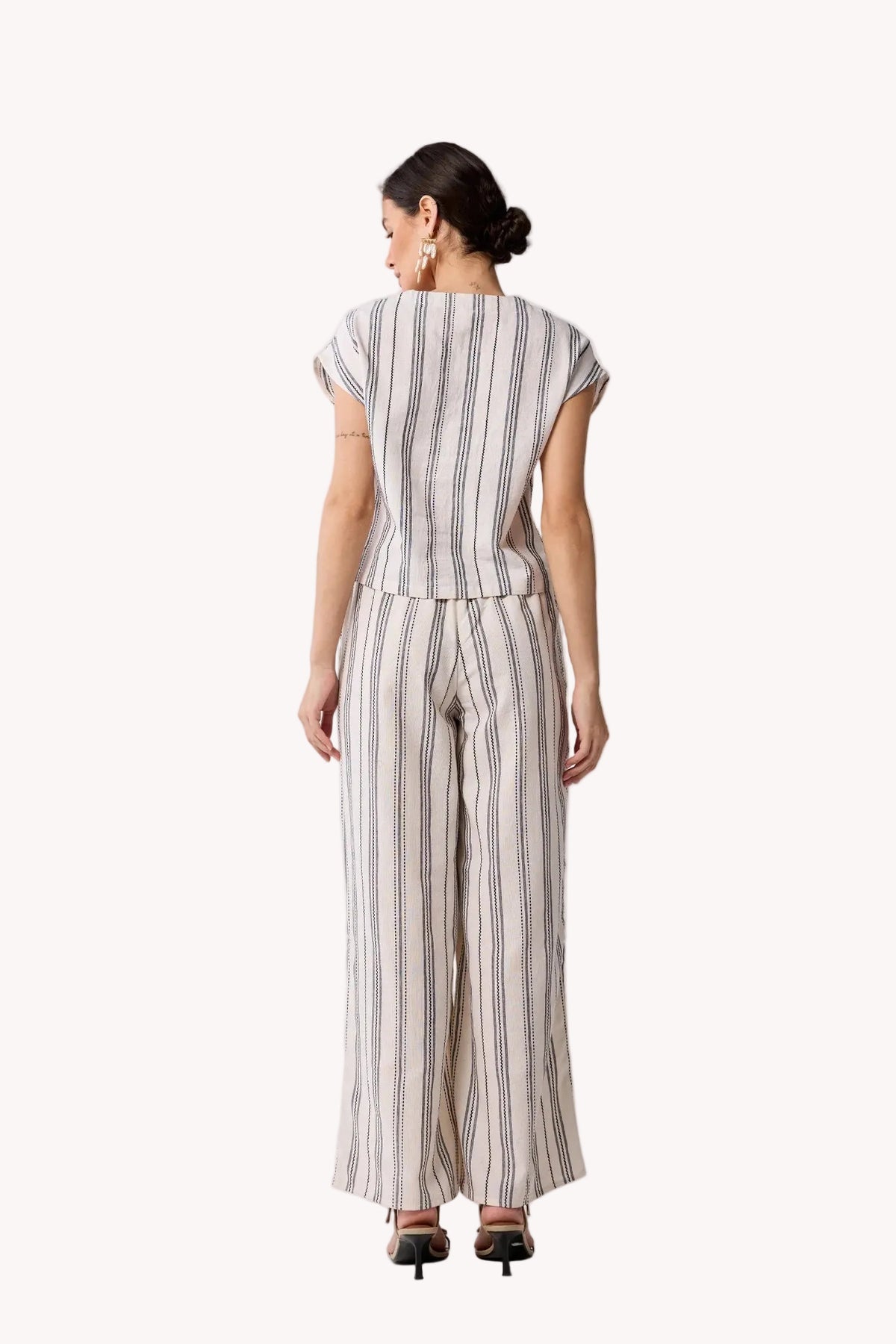 Striped Matching Set with Wide-Leg Pants and V-neck Top